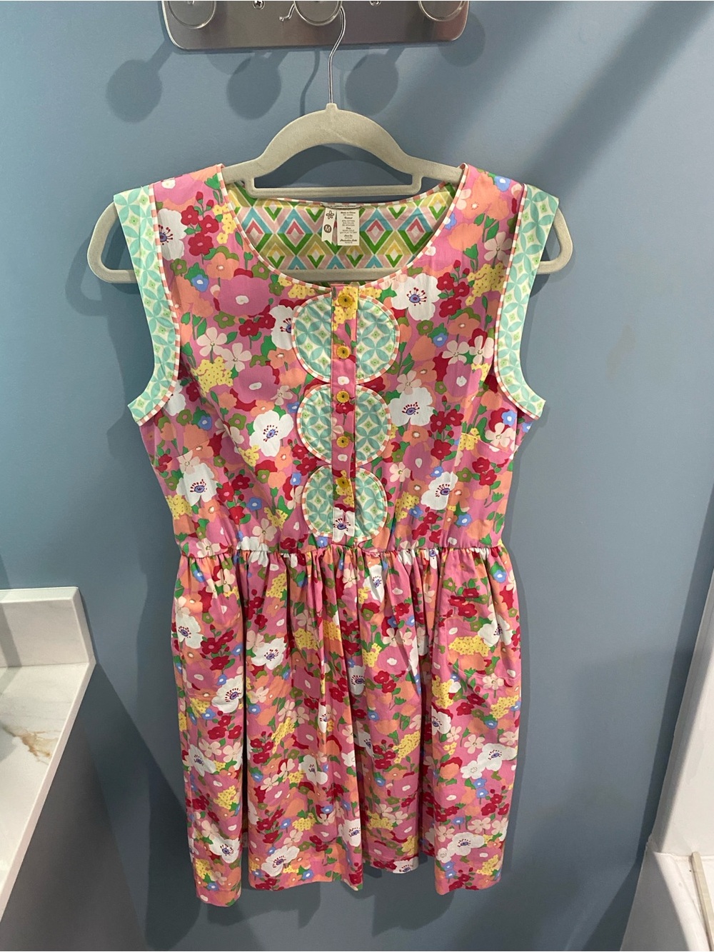 Matilda Jane Pink Floral Sleeveless Dress with Mint Trim size Medium